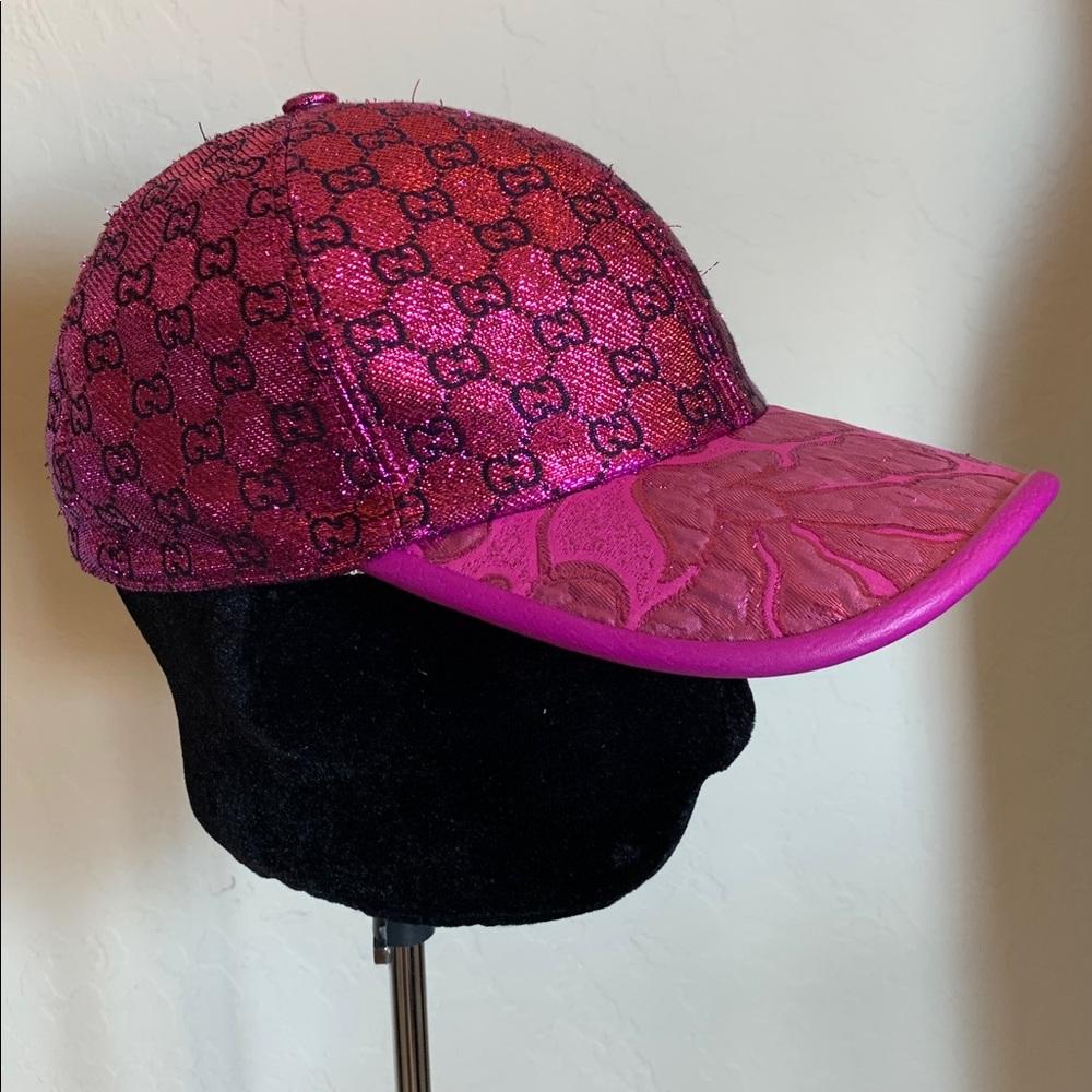 Gucci Hot Pink Monogram Tinsel Velcro SnapBack Leather Hat Cap Sz. L
